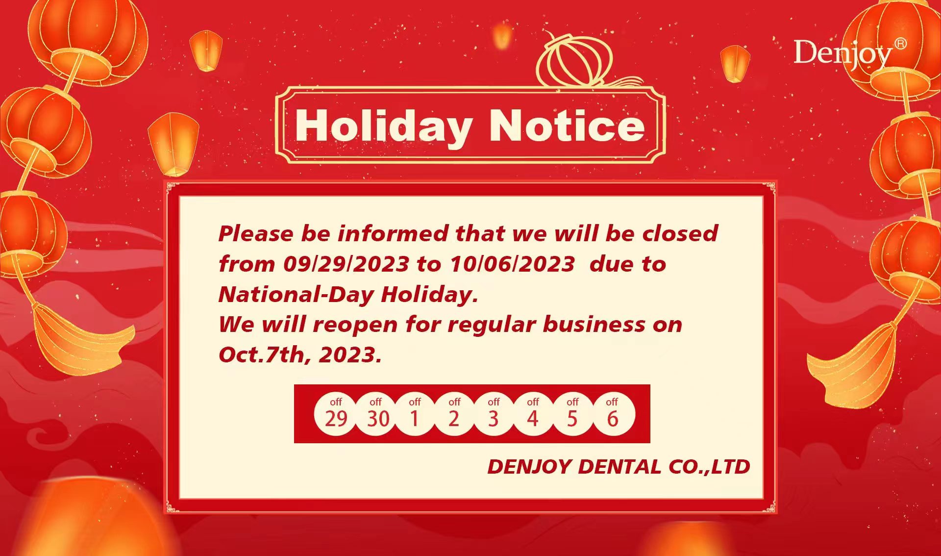 Holiday Notice For Nationalday Sept.29oct.6 Denjoy